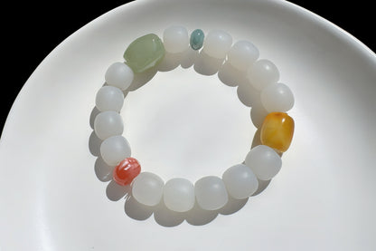 Natural Smokey Gray Hetian Nephrite Bracelet with Faceted Green Nephrite, Nanhong Agate, Blue Jadeite Jade, Nephrite Jade, 天然浅烟灰老型珠+晴水钻切+蓝翡+奶盖南红