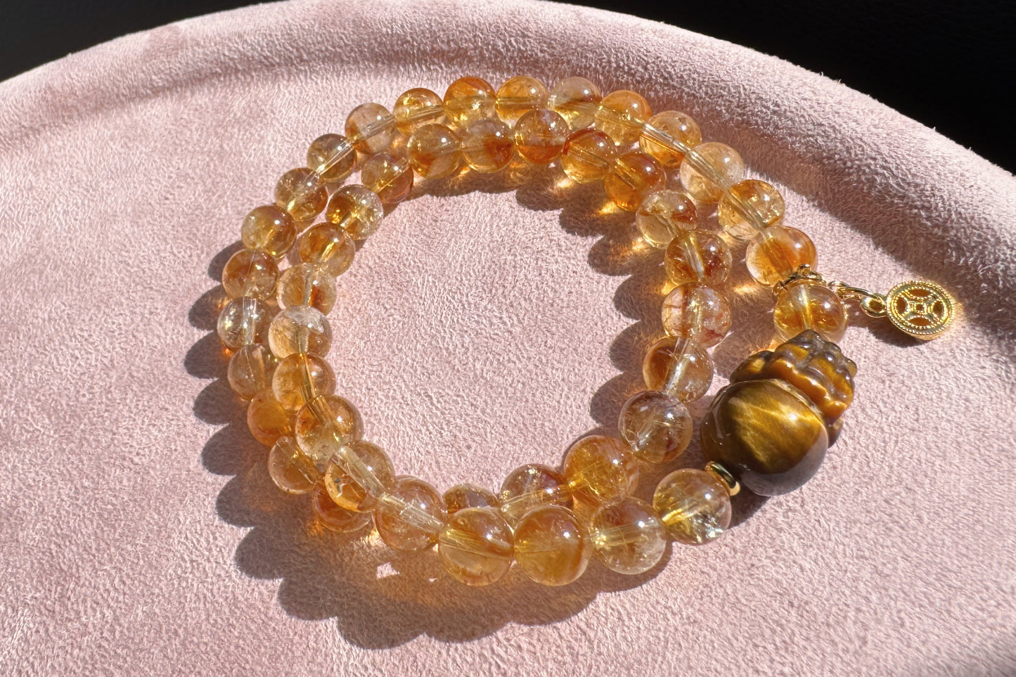 Natural Citrine Bracelet with Tiger’s Eye PiXiu Charm, Untreated Citrine Beads, 天然黄水晶双圈手串配虎眼貔貅