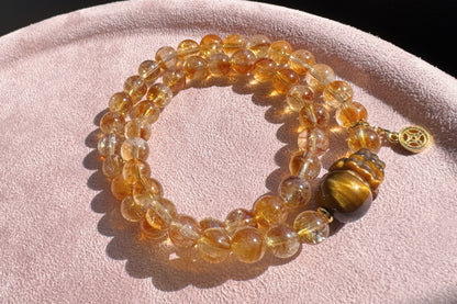 Natural Citrine Bracelet with Tiger’s Eye PiXiu Charm, Untreated Citrine Beads, 天然黄水晶双圈手串配虎眼貔貅