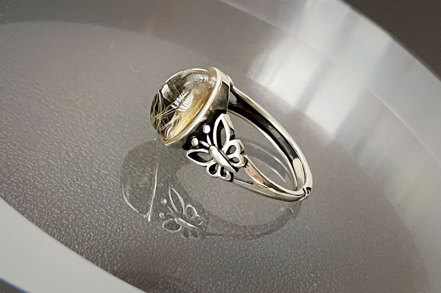 Top Grade Natural Golden Rutile Quartz Ring S925 Setting, Natural Golden Rutilated Quartz Ring, 天然钛晶板钛猫眼戒指925纯银戒托