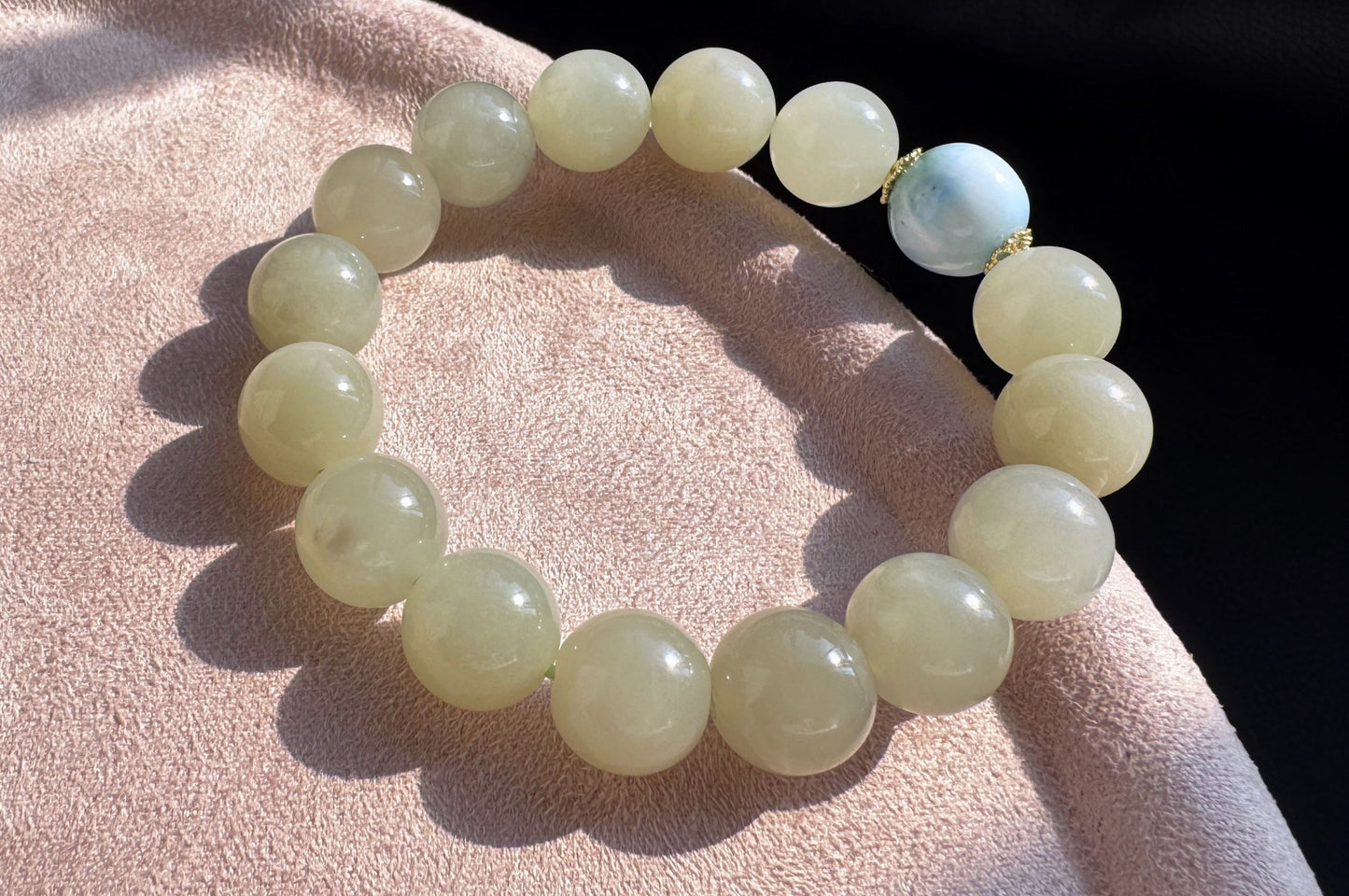 Natural Nephrite Beaded Bracelet with Dominican Larimar Bead, Nephrite Jade Bracelet, 天然软玉手串搭配海纹石