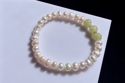 Natural Green Nephrite Jade with Freshwater Pearl Beaded Bracelet, Pearl Bracelet, 天然淡水珍珠搭配玉圆珠手串
