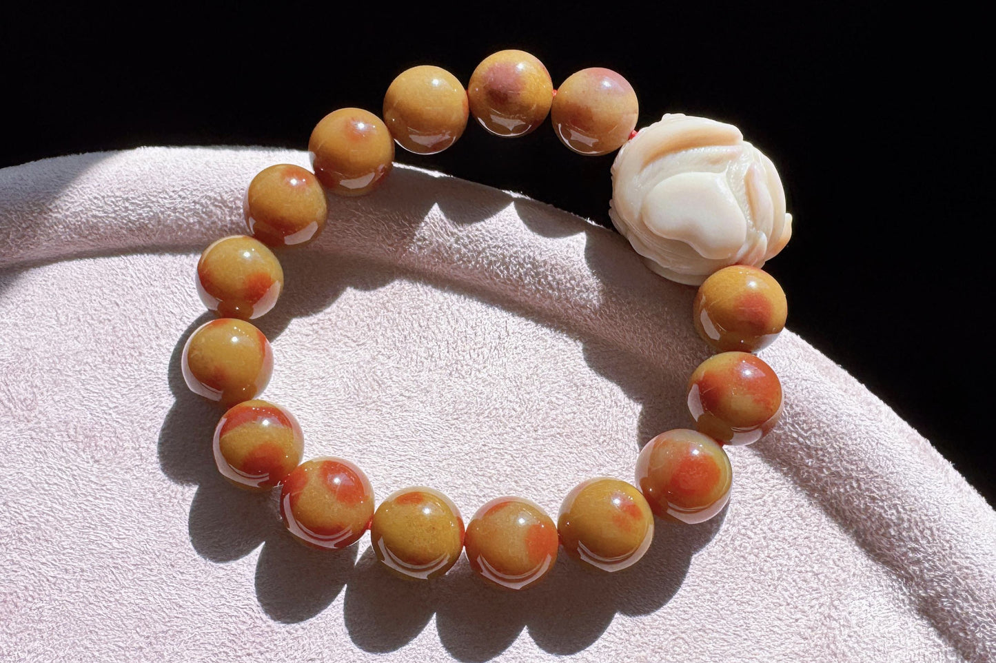 Natural Alashan Rock Beaded Bracelet with Hand Carved Alashan Nine Tailed Fox and Rabbit Charm, 天然老矿料阿拉善圆珠搭配手工精雕原矿阿拉善九尾狐