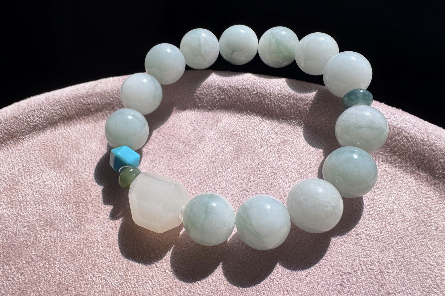 12mm Natural Grade A Jadeite Jade Bracelet with Mutton Fat Nephrite Jade, Blue Turquoise, Blue Jadeite Jade, 天然缅甸A货蓝底绿花翡翠细糯种手串羊脂白玉绿松