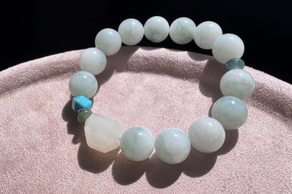 12mm Natural Grade A Jadeite Jade Bracelet with Mutton Fat Nephrite Jade, Blue Turquoise, Blue Jadeite Jade, 天然缅甸A货蓝底绿花翡翠细糯种手串羊脂白玉绿松