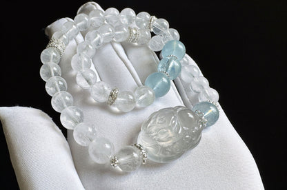 Rare Natural Blue Rabbit Hair Rutile Quartz Carved Nine Tailed Fox with Aquamarine and White Phantom Bracelet, 天然蓝兔毛九尾趴趴狐海蓝宝白幽灵手串