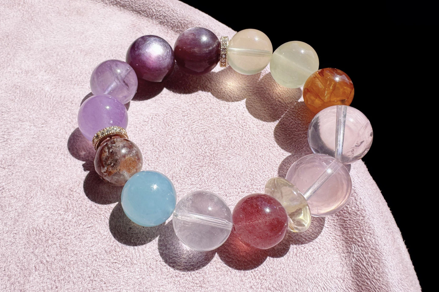 Natural Multi-gemston Bracelet, Rose Quartz Aquamarine Beaded Bracelet, 天然猫眼紫锂辉搭配海蓝宝粉晶葡萄石手串