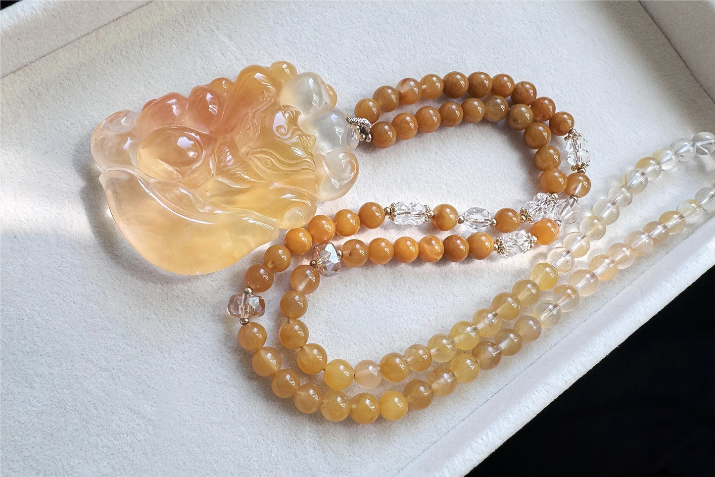 Top Grade Natural Yellow Rabbit Hair Quartz Hand Carved Nine Tailed Fox Pendant Necklace, 天然精品黄兔毛水晶手工精雕九尾狐吊坠