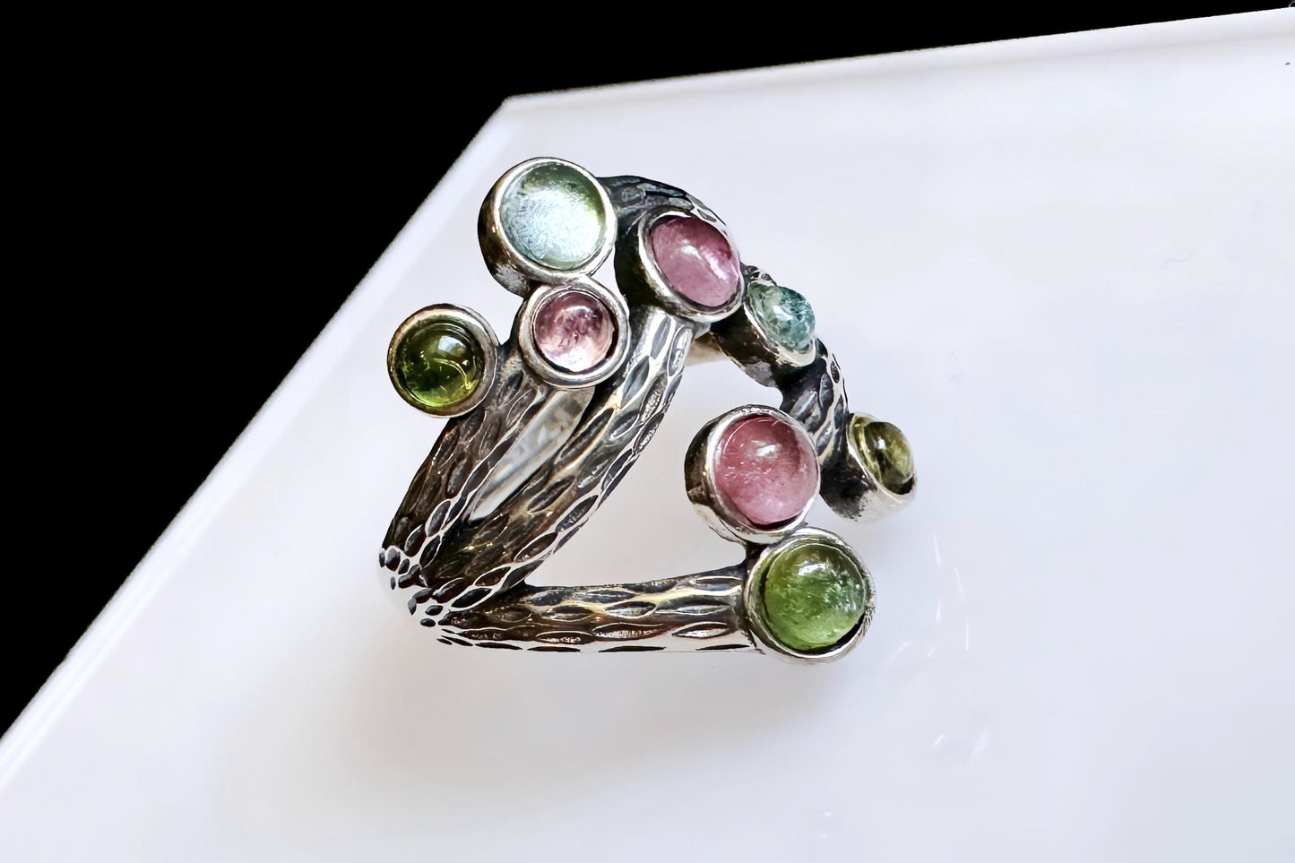 Natural Rainbow Tourmaline in Premium S925 Thick Silver Handmade Ring, Mermaid Tourmaline Ring, 天然巴西老料美人鱼色系碧玺肌理枝条S925厚银戒指