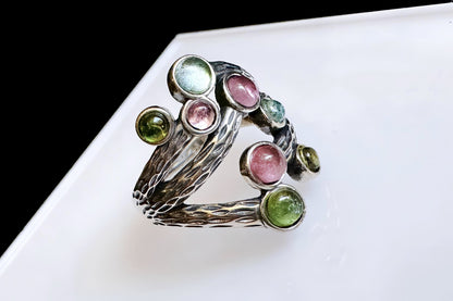 Natural Rainbow Tourmaline in Premium S925 Thick Silver Handmade Ring, Mermaid Tourmaline Ring, 天然巴西老料美人鱼色系碧玺肌理枝条S925厚银戒指