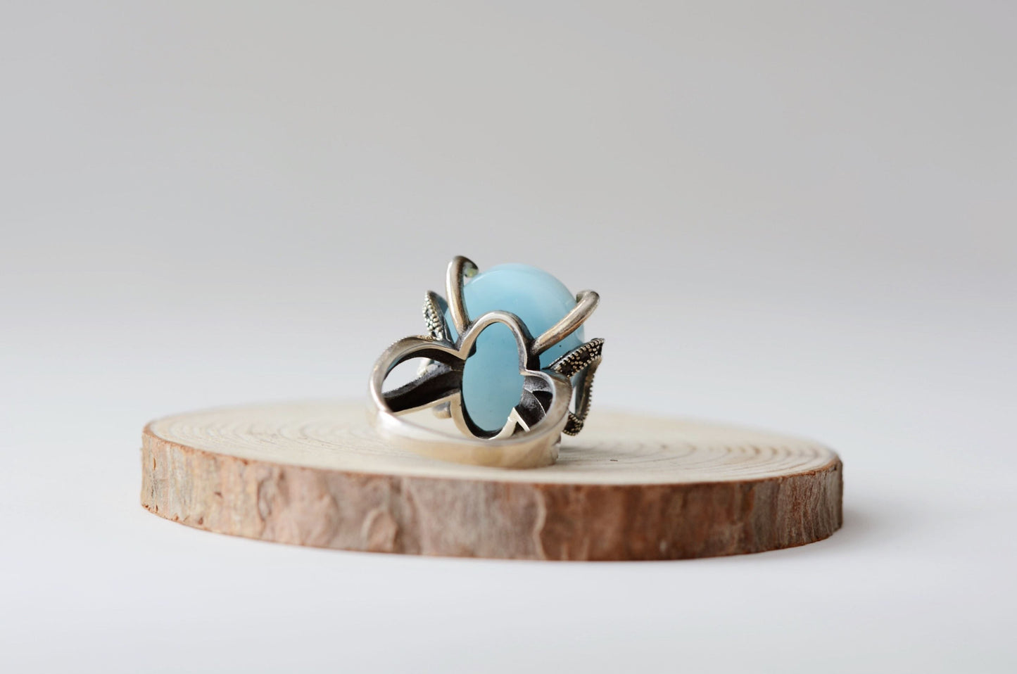 Natural Dominican Blue Larimar In 925 Silver Ring, 天然多米尼加海纹石镶嵌925银戒指