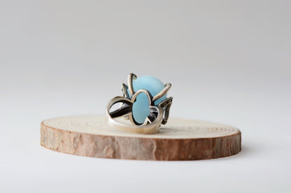 Natural Dominican Blue Larimar In 925 Silver Ring, 天然多米尼加海纹石镶嵌925银戒指