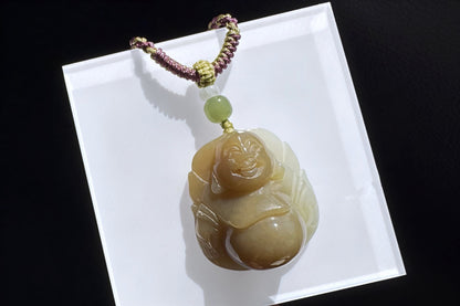 Certified High Grade Natural Nephrite Hand Carved Buddha Pendant, Brown Sugar and White Nephrite Jade Buddha, 天然高品质糖白玉手工雕刻笑佛吊坠