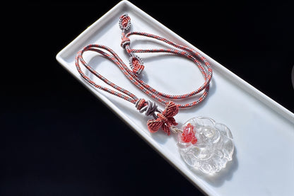 Natural Red Hematoid Quartz Hand Carved Nine Tailed Fox Pendant Necklace, Fire Quartz Pendant, 天然红胶花九尾狐牌