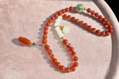 Natural Nanhong Southern Red Agate Design Bracelet, Nanhong Agate Bracelet with Jadeite Jade and White Nephrite, 天然原创南红设计手串搭配乌鸡翡翠和田白玉