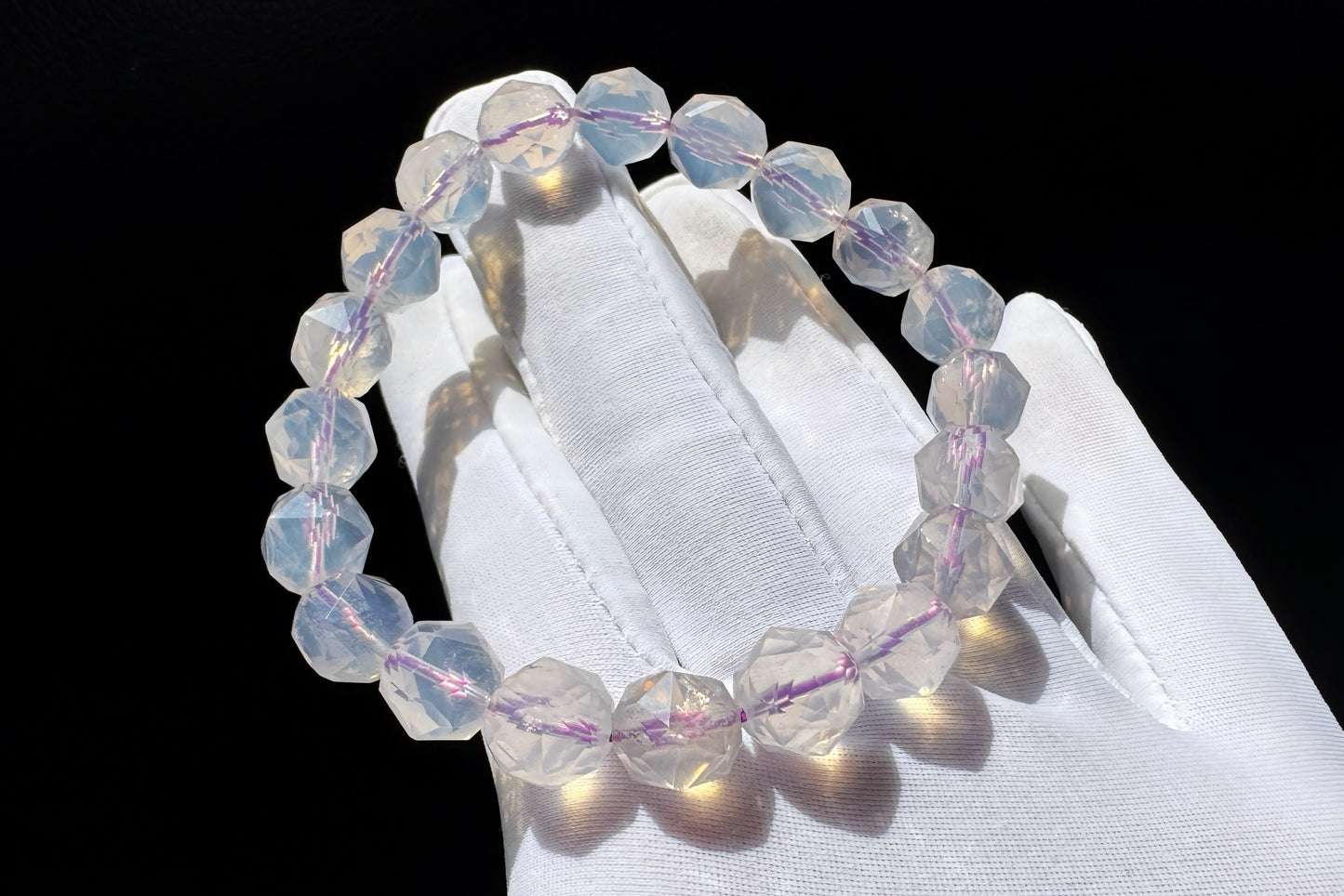Natural Milky Lavender Moon Quartz Beaded Bracelet, Faceted Lavender Moon Quartz, 天然奶油体钻切切面紫玉晶手串