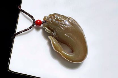 Certified Natural Dark Brown Sugar Hetian Nephrite Dragon Fish Pendant, Nephrite Jade Fish Turning Drago Pendant, Brown Jade, 天然糖玉鱼化龙吊坠深糖玉龙鱼吊坠