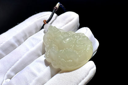 Certified Natural Icy Hetian Nephrite Mahakala Pendant, Carved Sunny Lake Green Nephrite Jade Pendant, 天然冰底晴水料和田玉大黑天吊坠