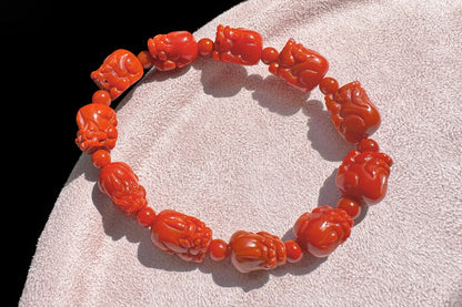 Certified Natural Untreated Nanhong Agate Bracelet, Carved Southern Red Agate PiXiu Bead Bracelet, Nanhong PiXiu, 天然无烤满色满肉凉山南红雕刻貔貅手串