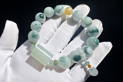 12mm Natural Grade A Jadeite Jade Bracelet with Blue Hetian Nephrite Jade Barrel, Blue Jadeite Jade with floating Blue flowers, 天然缅甸A货糯蓝底飘蓝花翡翠手串配糖玉