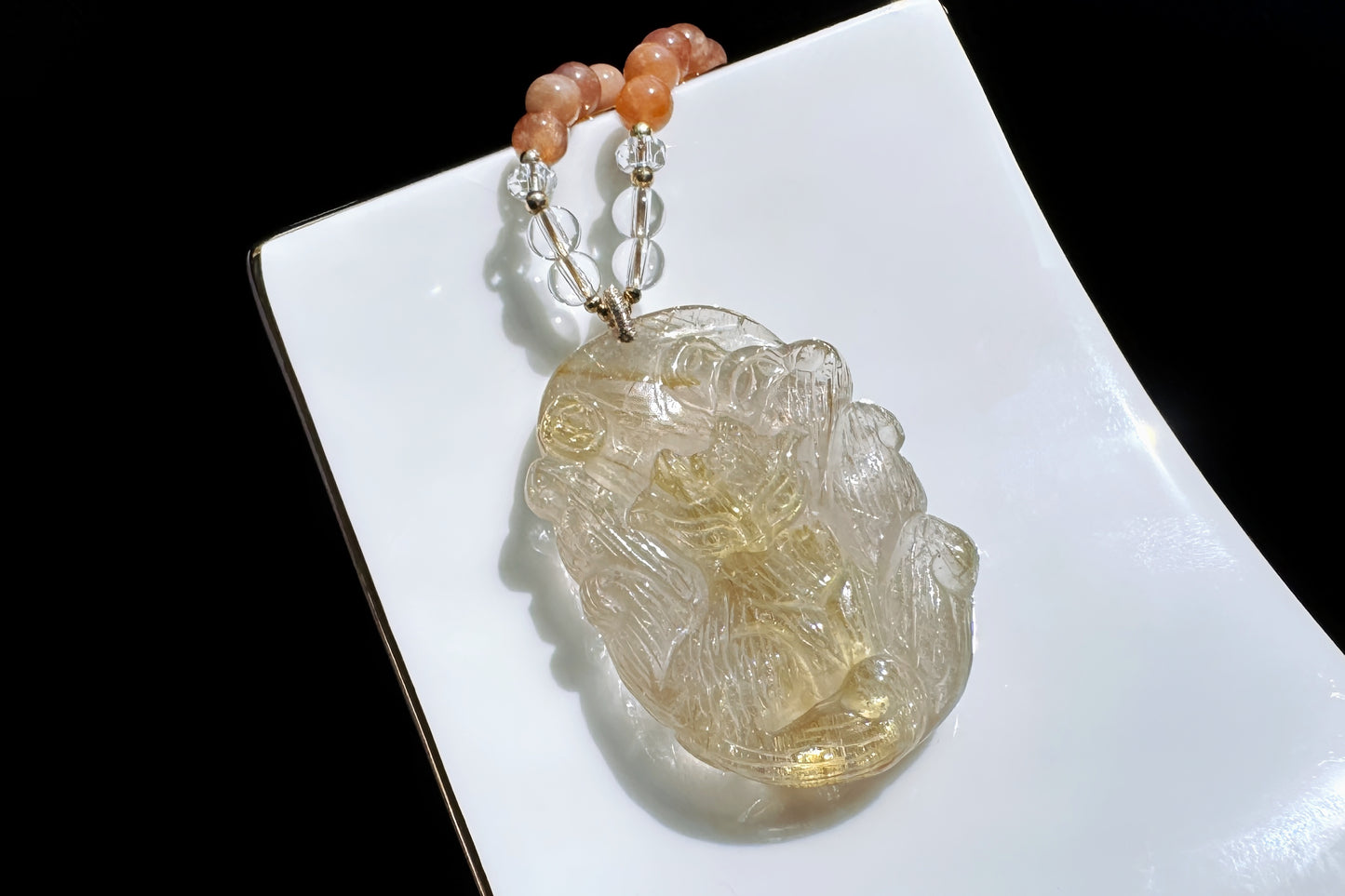 Natural Golden Rutile Quartz Hand Carved Nine Tailed Fox Pendant, Gold Rutilated Quartz Fox Pendant Necklace, 天然茶体金发晶手工精雕九尾狐吊坠