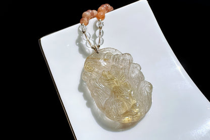 Natural Golden Rutile Quartz Hand Carved Nine Tailed Fox Pendant, Gold Rutilated Quartz Fox Pendant Necklace, 天然茶体金发晶手工精雕九尾狐吊坠