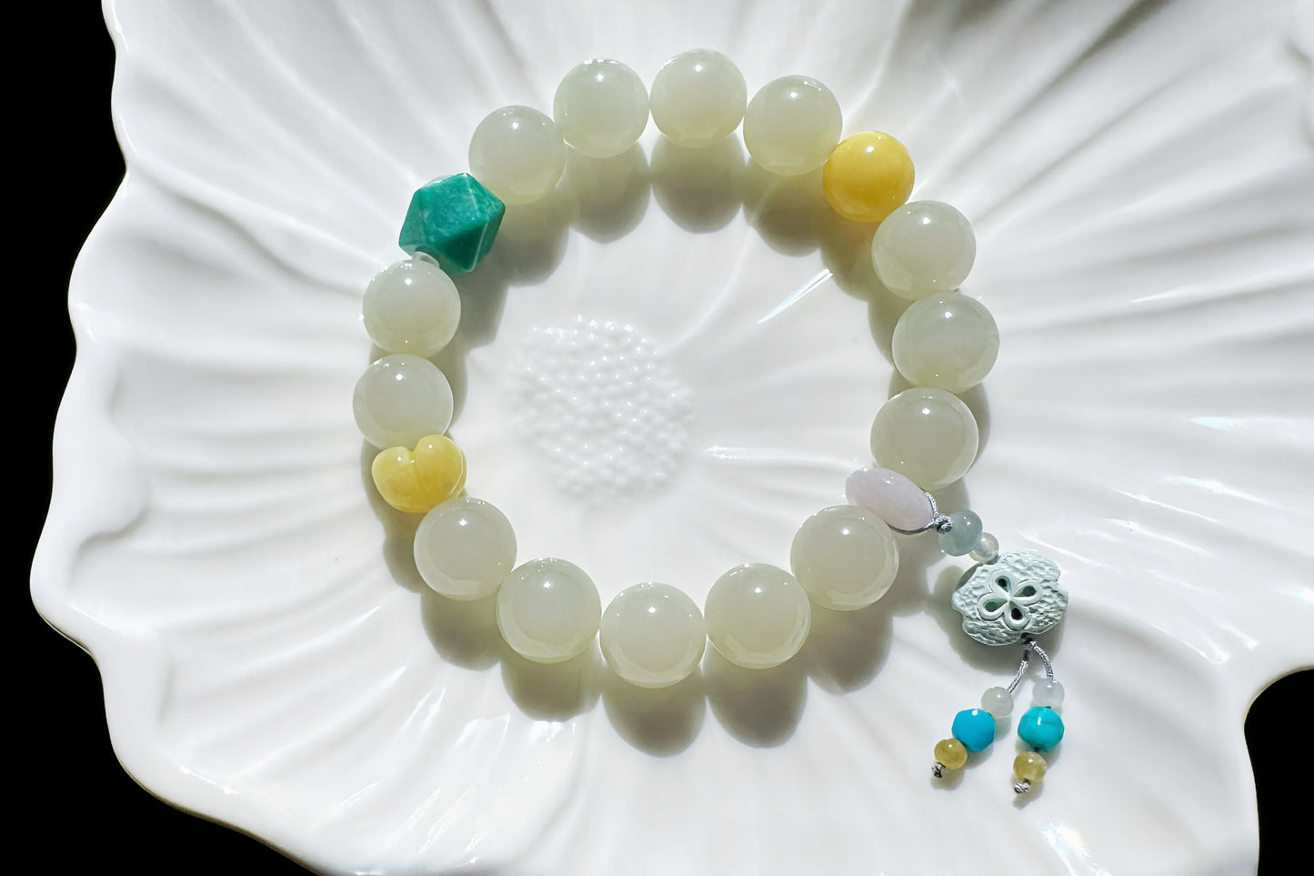 Natural Nephrite Bracelet with Faceted Turquoise, High Grade Nephrite Jade Bracet, Designer Jade Bracelet, 天然奶油晴白和田玉配松石蜜蜡