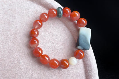 Natural Nanhong Agate Bracelet with Black and White Nephrite Jade, Untreated Nanhong Agate Beads, 天然冰飘火焰南红珠配水墨青花和田玉手串