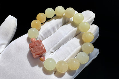 11mm Natural Hetian Nephrite Bracelet with Top Grade Alashan Hand Carved Nine Tailed Fox Cube, Nephrite Jade Bracelet, 天然蜂蜜水糖玉手串搭配玉化阿拉善手工精雕九尾狐方糖