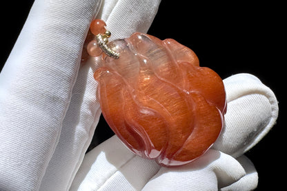 Top Grade Natural Red Rutilated Quartz Hand Carved Nine Tailed Fox Pendant, Carved Red Rutile Quartz, 天然原色正红发晶手工精雕九尾萌狐吊坠