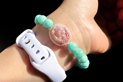 Natural Un-treated Amazonite Beaded Bracelet with Pink and yellow Alashan Sailor Moon, Amazonite Bracelet, 天然天河石手串搭配奶黄粉阿拉善水手月亮