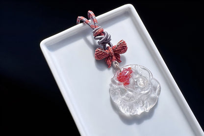 Natural Red Hematoid Quartz Hand Carved Nine Tailed Fox Pendant Necklace, Fire Quartz Pendant, 天然红胶花九尾狐牌