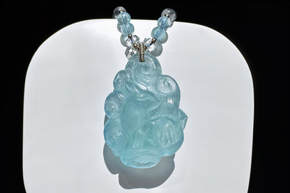 Natural High Grade Icy Aquamarine Nine Tailed Fox Pendant, Hand Carved Aquamarine, March Birthstone Fox Pendant, 天然精品海蓝宝手工精雕九尾狐吊坠