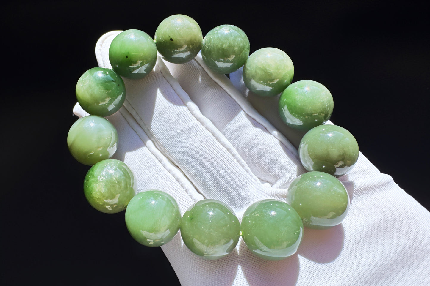 15mm Natural Chunky Green Nephrite Beaded Bracelet, Untreated Nephrite Jade Beads, 天然和田玉碧玉圆珠手串