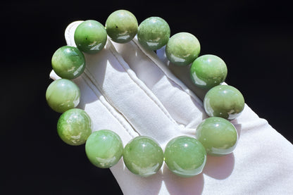 15mm Natural Chunky Green Nephrite Beaded Bracelet, Untreated Nephrite Jade Beads, 天然和田玉碧玉圆珠手串