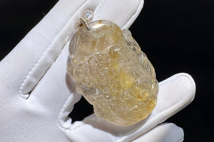 Natural Golden Rutile Quartz Hand Carved Nine Tailed Fox Pendant, Gold Rutilated Quartz Fox Pendant Necklace, 天然茶体金发晶手工精雕九尾狐吊坠