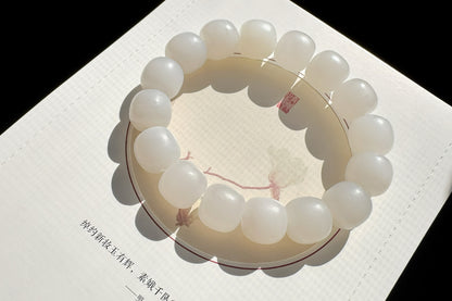13mm Natural White Hetian Nephrite Bracelet, White Nephrite Jade Beads, Matte Nephrite Bracelet, 天然和田玉青海料一级白老型珠手串