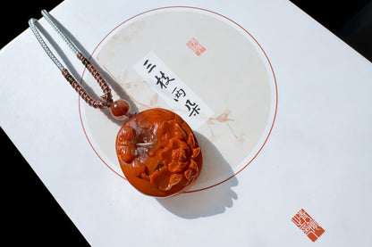 Natural Nanhong Agate Hand Carved Butterfly and Peony Pendant, Chinese South Red Agate Necklace, 天然川料南红手工精雕蝶恋花吊坠
