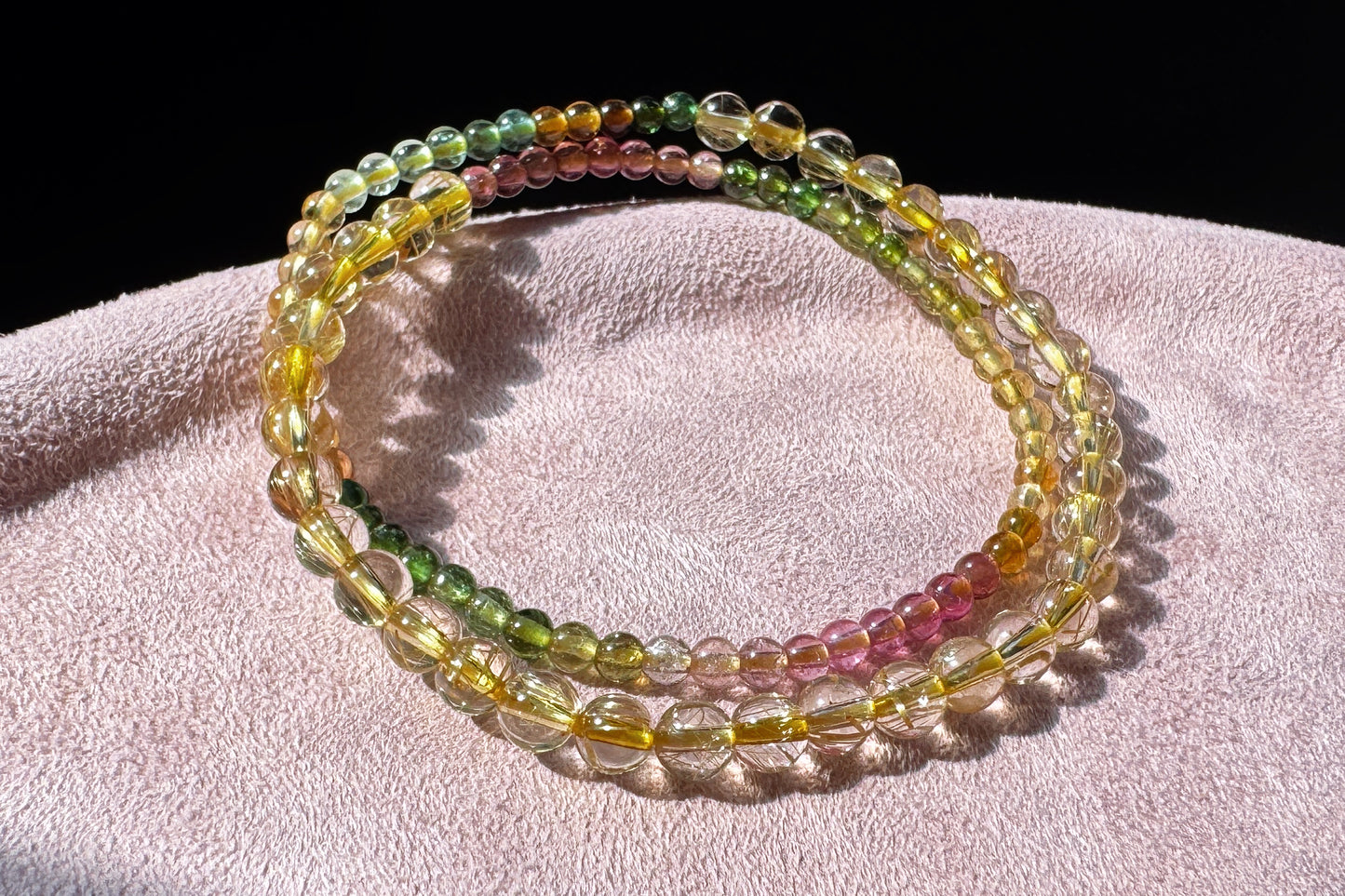 Natural Golden Rutile Quartz Beaded Bracelet with Rainbow Tourmaline, Tourmaline and Gold Rutilated Quartz Bracelet, 天然金发晶配天然碧玺双圈手串