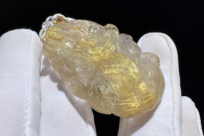Natural Golden Rutile Quartz Hand Carved Nine Tailed Fox Pendant, Gold Rutilated Quartz Fox Pendant Necklace, 天然茶体金发晶手工精雕九尾狐吊坠