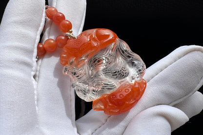 Hand Carved Natural Red Rabbit Hair Quartz Nine Tailed Fox Pendant, High Grade Red Rabbit Hair Necklace, Unique Crystal Fox, 手工精雕精品红兔毛九尾狐吊坠