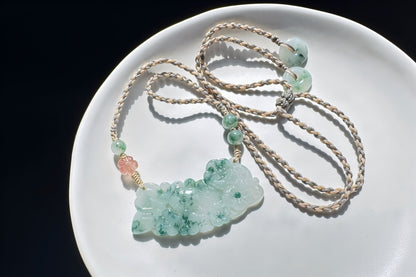 Genuine Grade A Jadeite Jade Necklace, Natural Carved Jade Flower and Butterfly, Handmade Jade Necklace, 天然缅甸A货翡翠锁骨吊坠老坑冰润飘蓝花蝶恋花仿古玉璜