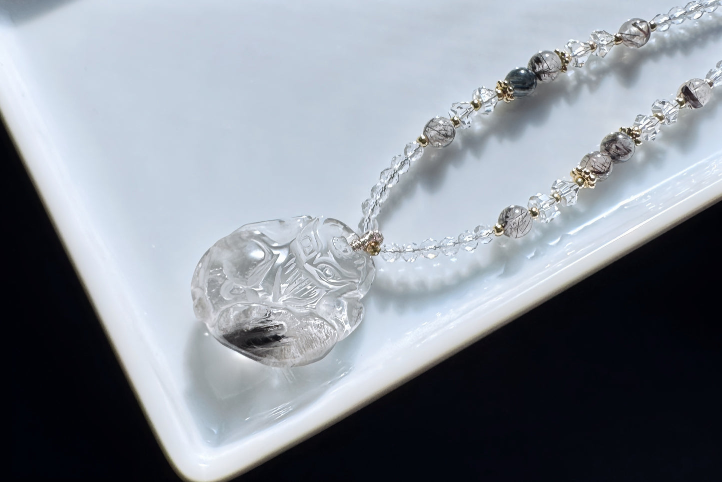 Natural Brookite Silver Rutilated Quartz Hand Carved Nine Tailed Fox Pendant, Silver Rutile Titanium Quartz Fox, 天然黑银钛晶手工精雕九尾狐吊坠