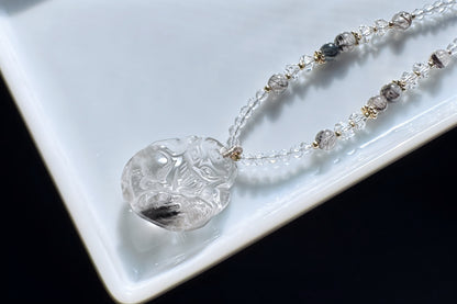 Natural Brookite Silver Rutilated Quartz Hand Carved Nine Tailed Fox Pendant, Silver Rutile Titanium Quartz Fox, 天然黑银钛晶手工精雕九尾狐吊坠