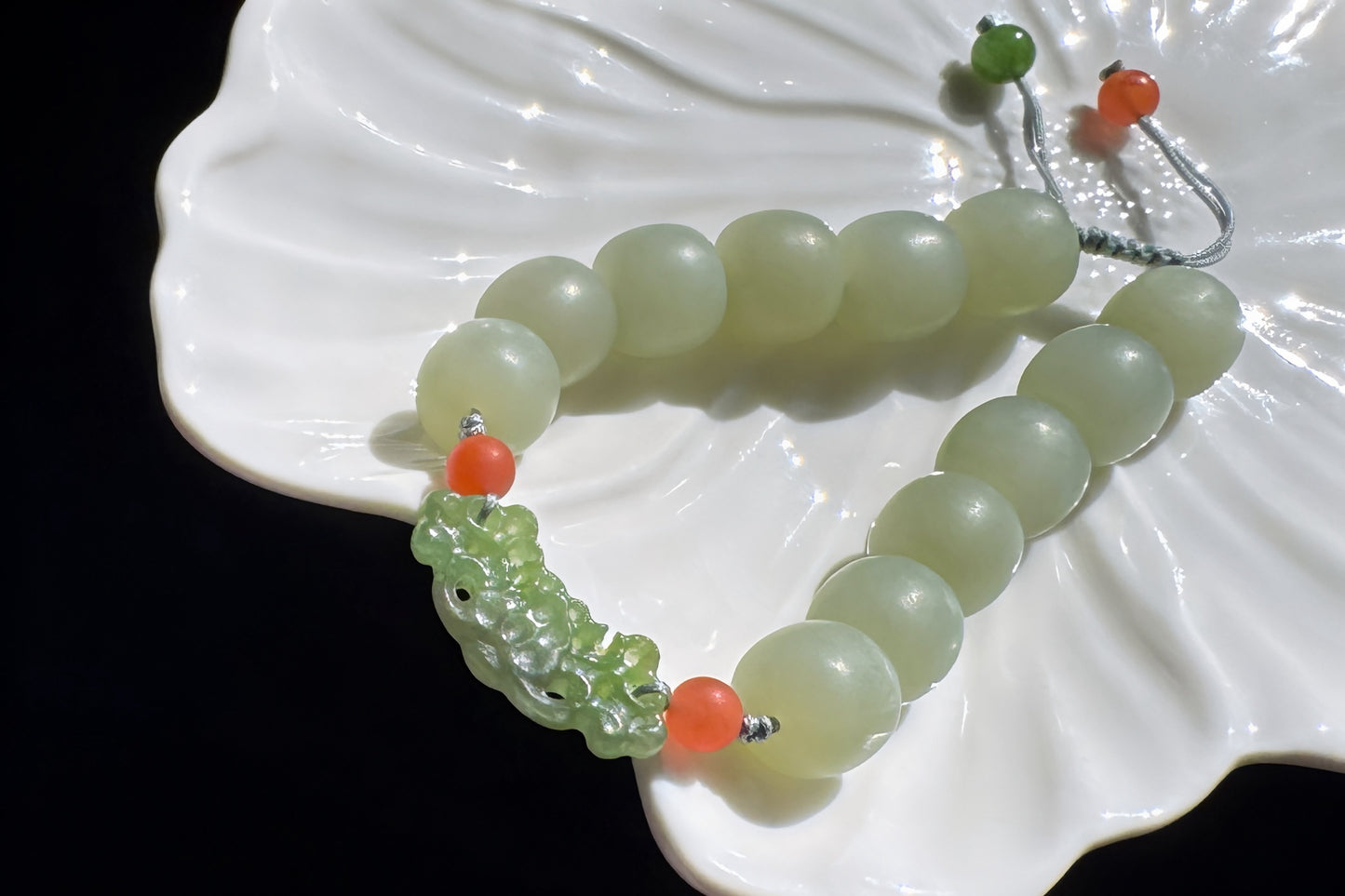 Natural Milky Blue Hetian Nephrite Beaded Bracelet with Green Nephrite Hand Carved Charm, Nephrite Jade Bracelet, 天然奶蓝色和田玉手串搭配碧玉手工雕刻回纹扣