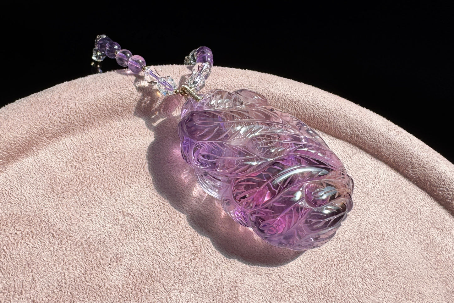 Large Naturual Amethyst Pendant Hand Carved Nine Tailed Fox and Phoenix, Brazilian Amethyst Fox and Phoenix Necklace, 天然巴西紫水晶手工雕刻九尾凤凰吊坠