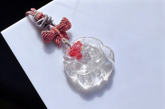 Natural Red Hematoid Quartz Hand Carved Nine Tailed Fox Pendant Necklace, Fire Quartz Pendant, 天然红胶花九尾狐牌