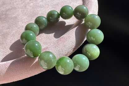 15mm Natural Chunky Green Nephrite Beaded Bracelet, Untreated Nephrite Jade Beads, 天然和田玉碧玉圆珠手串