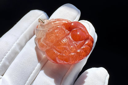 Top Grade Natural Red Rutilated Quartz Hand Carved Nine Tailed Fox Pendant, Carved Red Rutile Quartz, 天然原色正红发晶手工精雕九尾萌狐吊坠