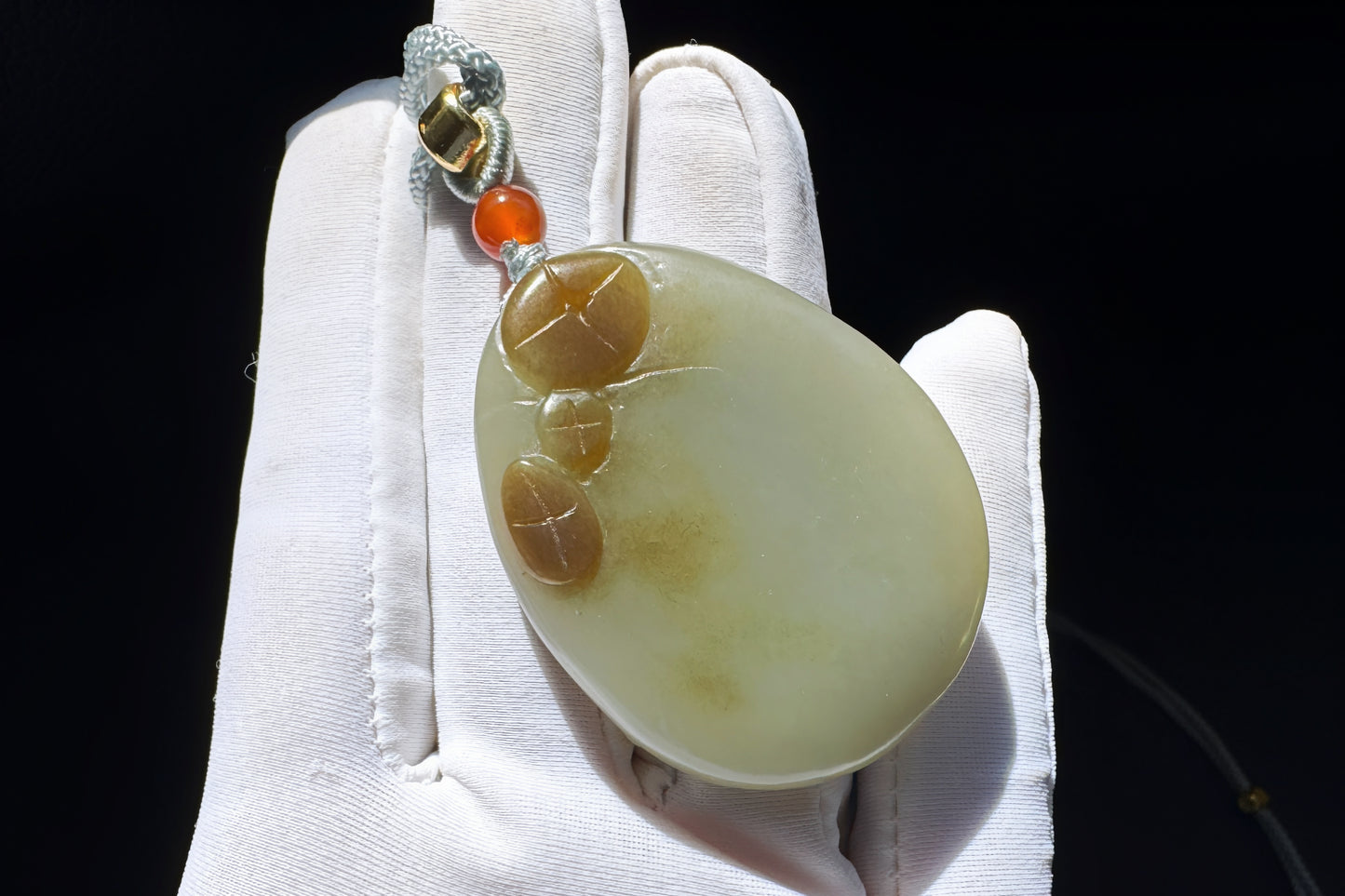 Natural Nephrite in Sugar Brown and Green Colors Hand Carved Koi Fish and Lotus Pendant, Carved Nephrite Jade Necklace, 天然糖青料玉手工雕刻鱼戏荷莲吊坠